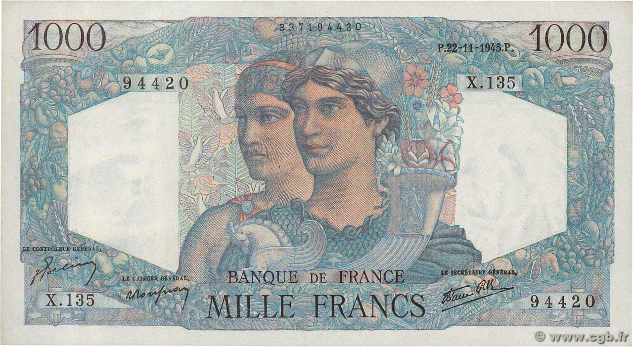 1000 Francs MINERVE ET HERCULE FRANCIA  1945 F.41.08 AU