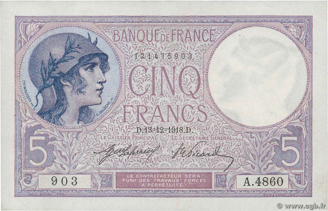 5 Francs FEMME CASQUÉE FRANCIA  1918 F.03.02 SPL