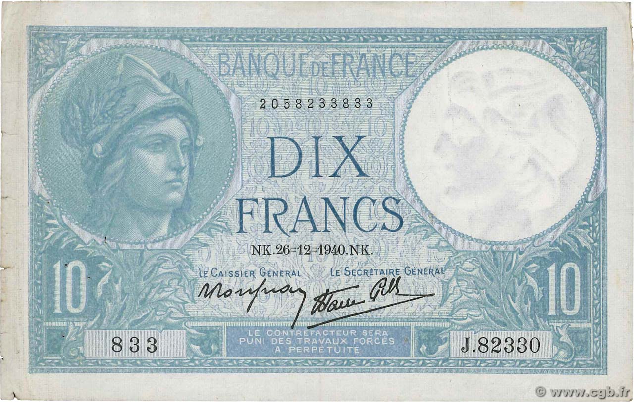 10 Francs MINERVE modifié FRANCE  1940 F.07.25 VF