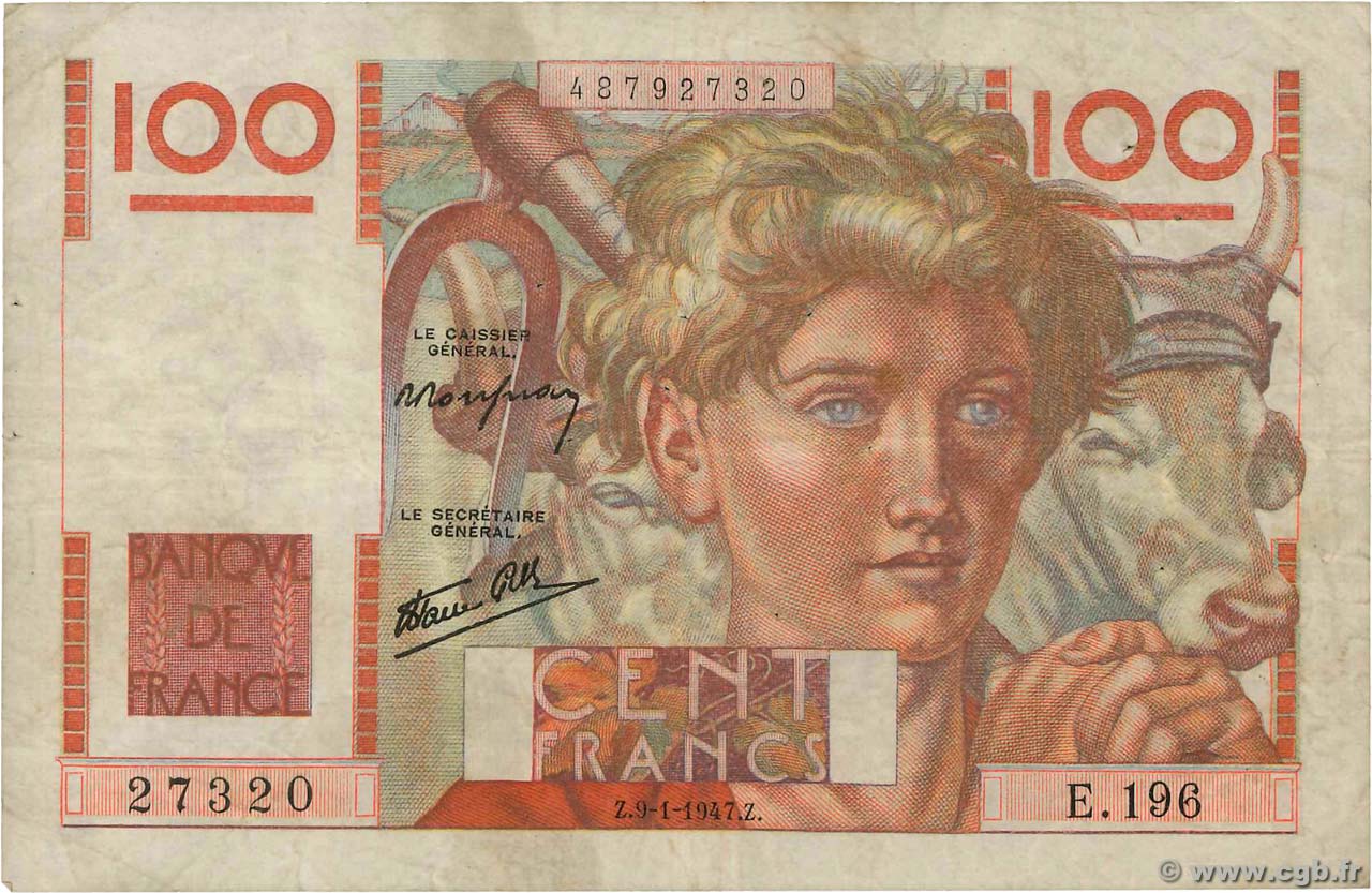 100 Francs JEUNE PAYSAN FRANKREICH  1947 F.28.13 S