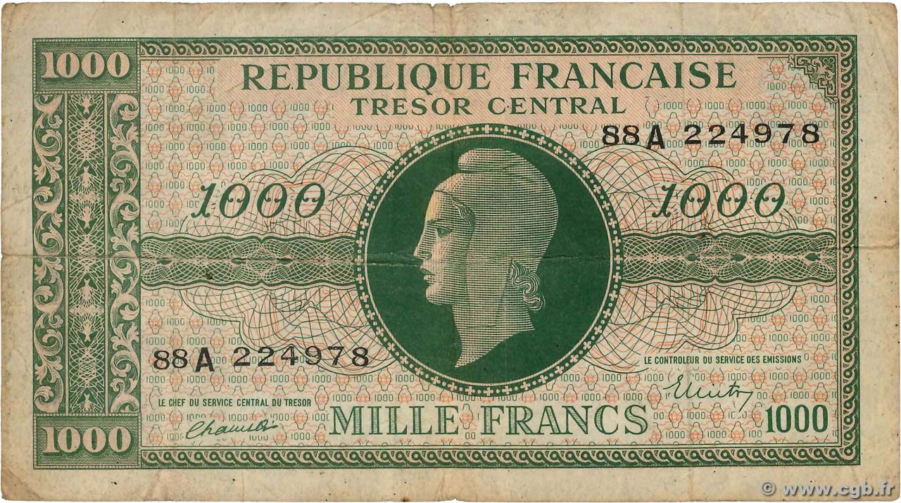 1000 Francs MARIANNE BANQUE D ANGLETERRE FRANCE  1945 VF.12.01 VG