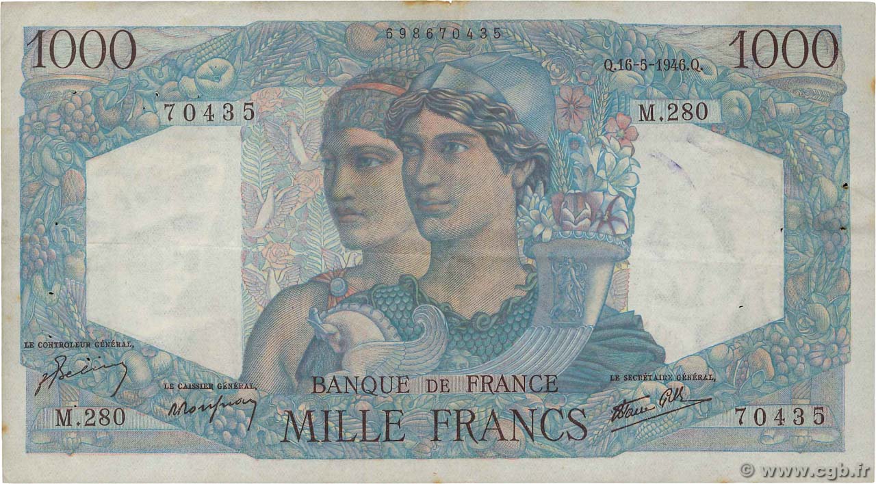 1000 Francs MINERVE ET HERCULE FRANKREICH  1946 F.41.14 SS