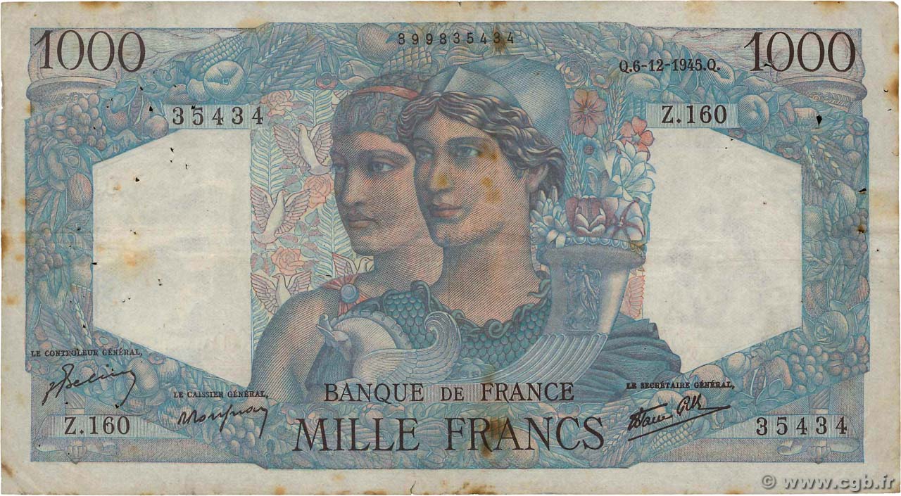1000 Francs MINERVE ET HERCULE FRANCE  1945 F.41.09 F