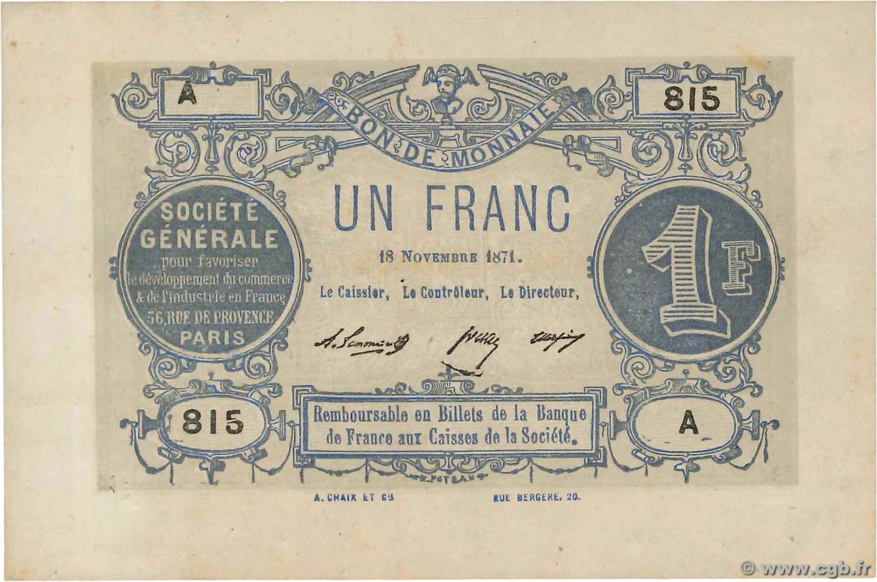 1 Franc FRANCE Regionalismus und verschiedenen Paris 1871 JER.75.02A fVZ