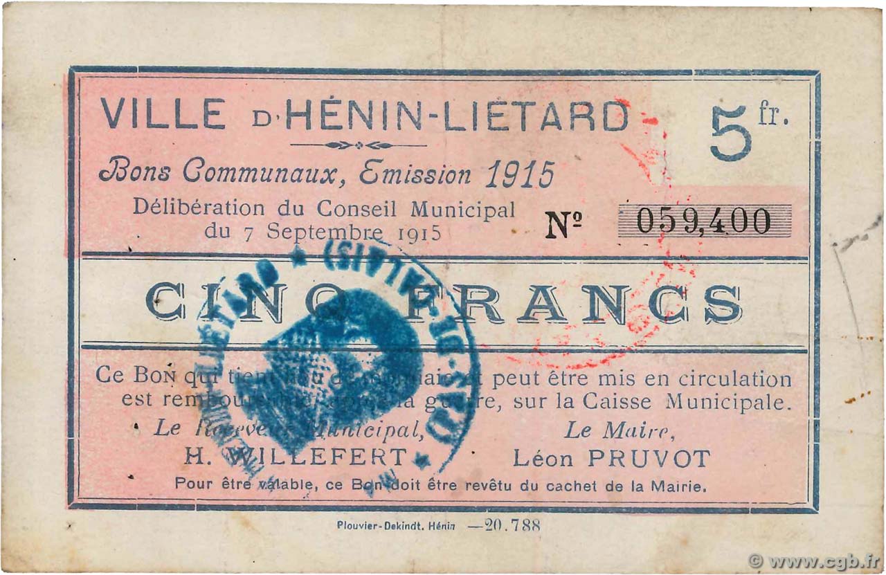 5 Francs FRANCE regionalismo e varie Henin-Lietard 1915 JP.62-0734 SPL