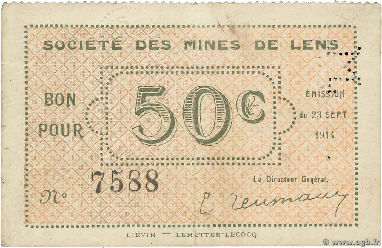 50 Centimes FRANCE regionalism and various Lens 1914 JP.62-0803 VF