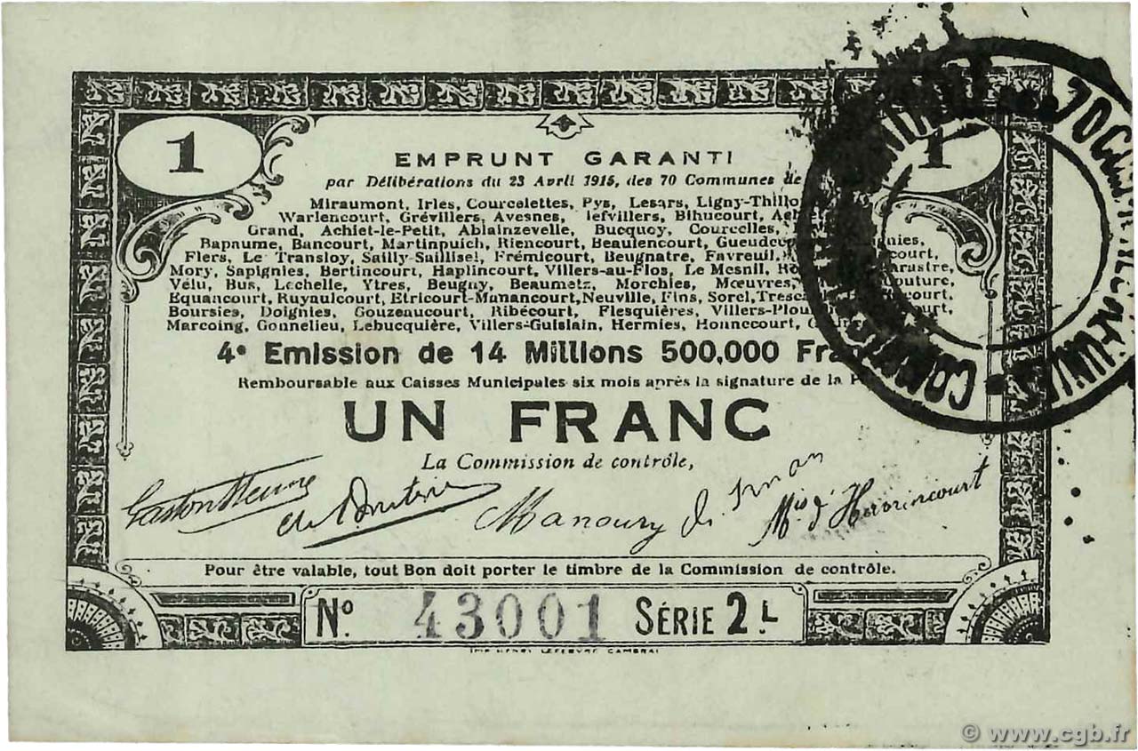 1 Franc FRANCE regionalism and miscellaneous 70 Communes 1915 JP.62-0079 AU