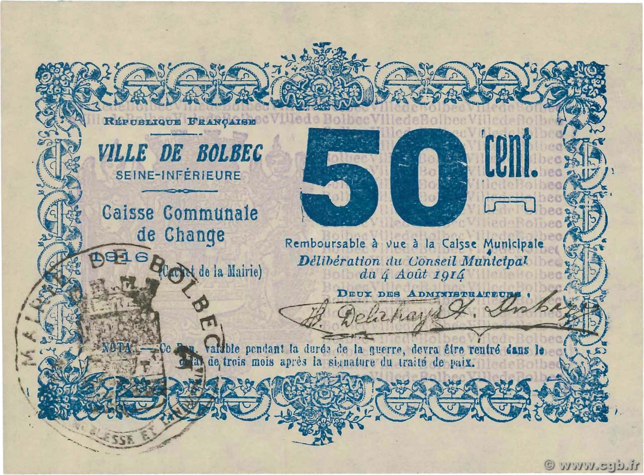 50 Centimes FRANCE regionalism and miscellaneous Bolbec 1914 JP.76-012 AU