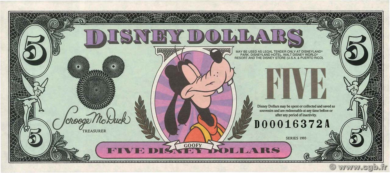 5 Disney dollar ÉTATS-UNIS D AMÉRIQUE  1993  NEUF