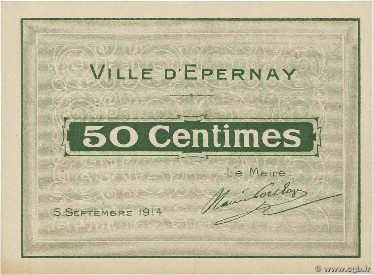 50 Centimes FRANCE regionalism and miscellaneous Epernay 1914 JP.51-15 UNC