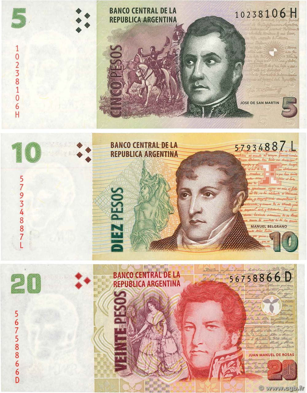 5, 10 et 20 Pesos Lot ARGENTINE  2002 P.353 au P.355 NEUF