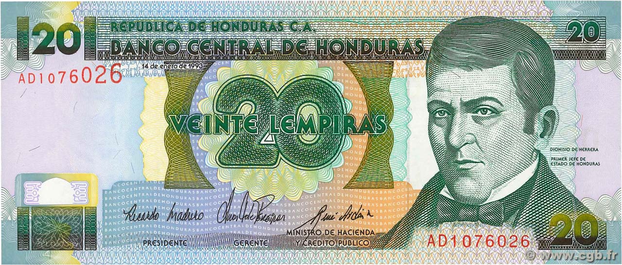 20 Lempiras HONDURAS  1993 P.073a UNC