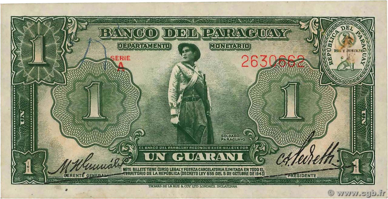 1 Guarani PARAGUAY  1943 P.178 VF+