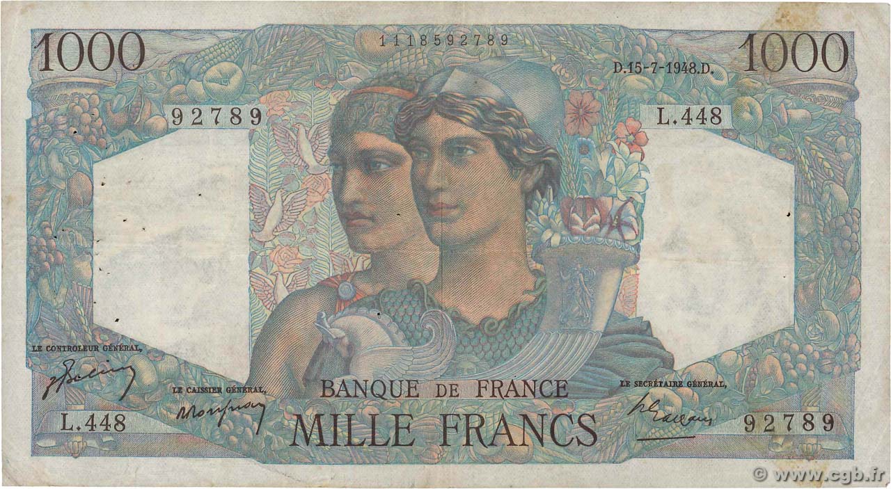 1000 Francs MINERVE ET HERCULE FRANCE  1948 F.41.22 TB