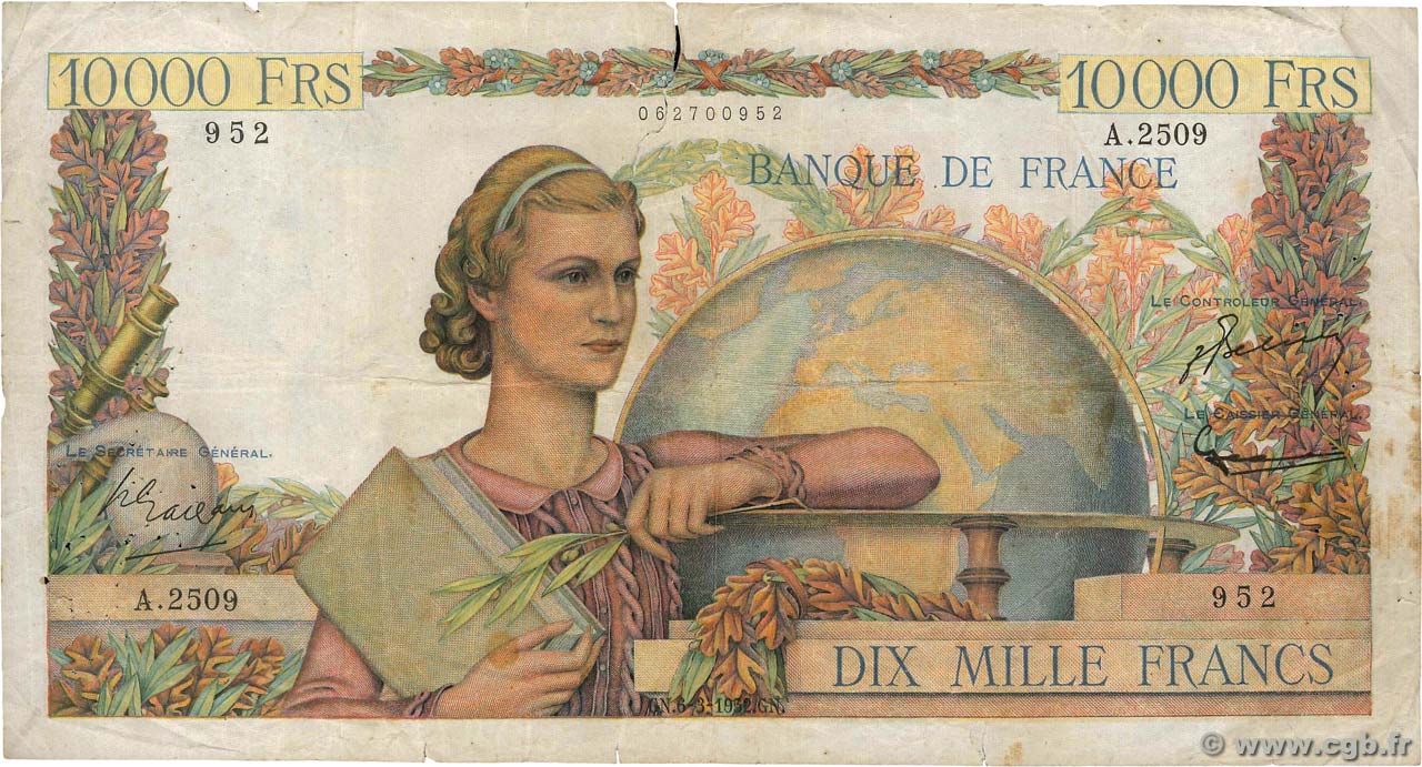 10000 Francs GÉNIE FRANÇAIS FRANCIA  1952 F.50.57 B