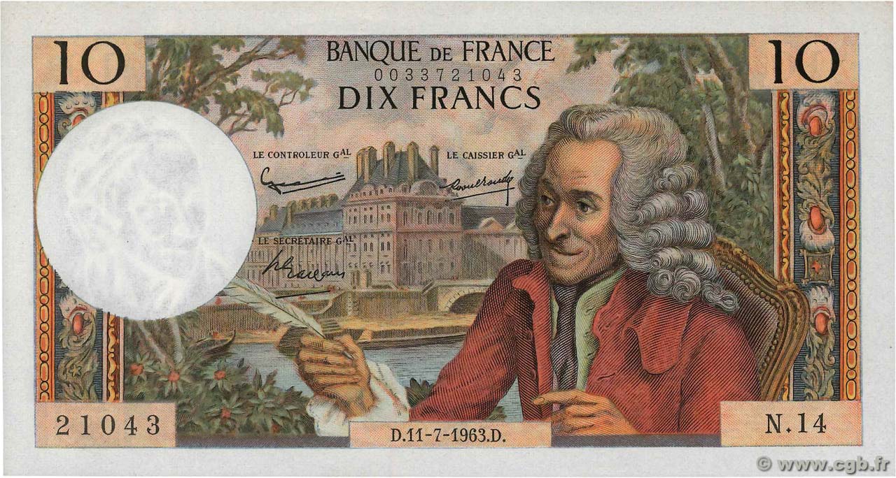 10 Francs VOLTAIRE FRANCE  1963 F.62.03 XF+