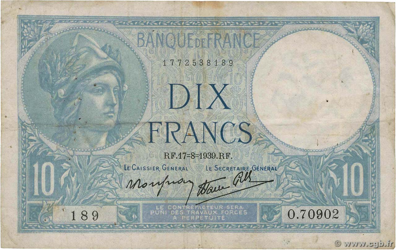 10 Francs MINERVE modifié FRANCIA  1939 F.07.05 MB