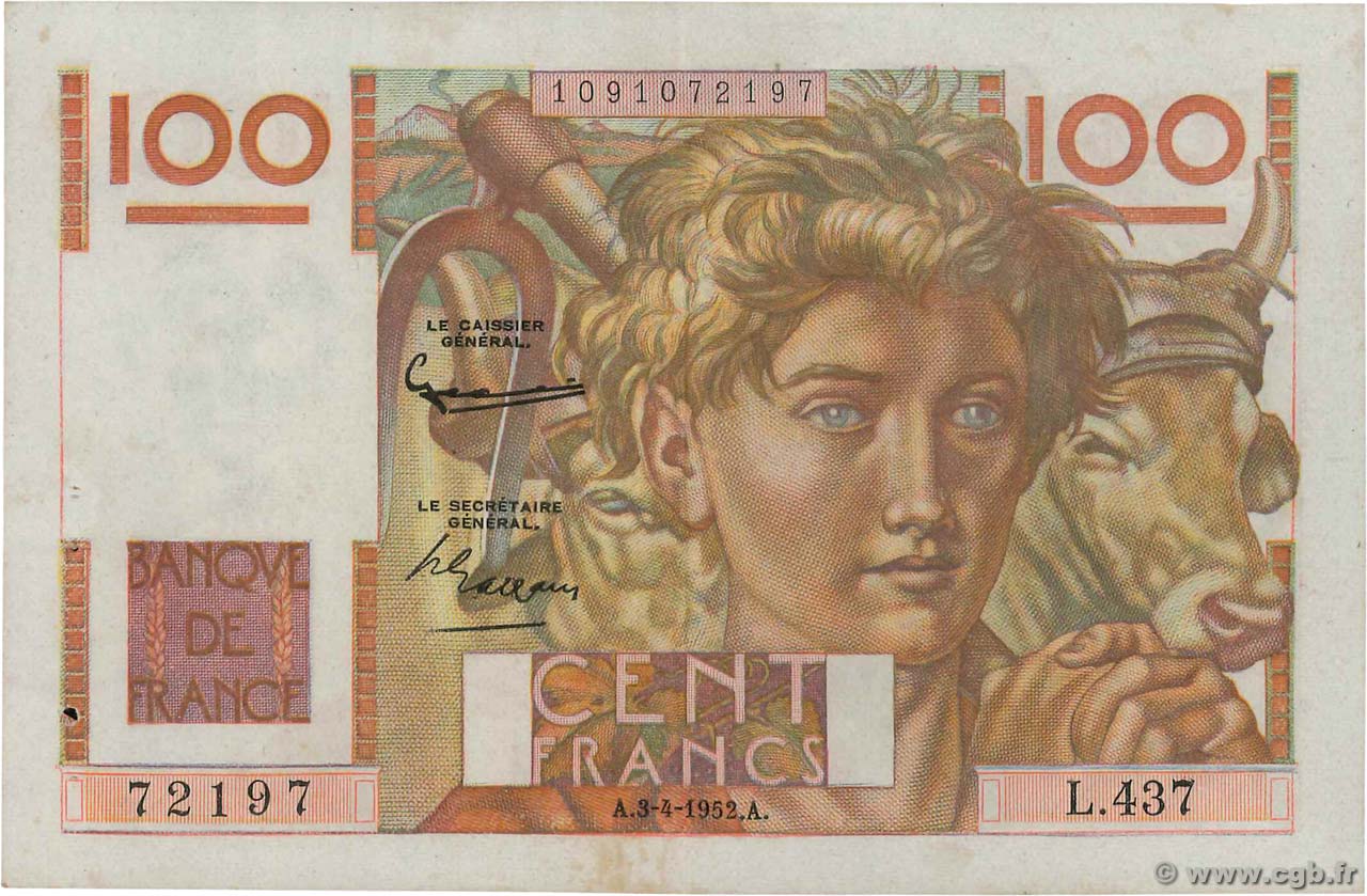 100 Francs JEUNE PAYSAN FRANCE  1952 F.28.32 SUP+