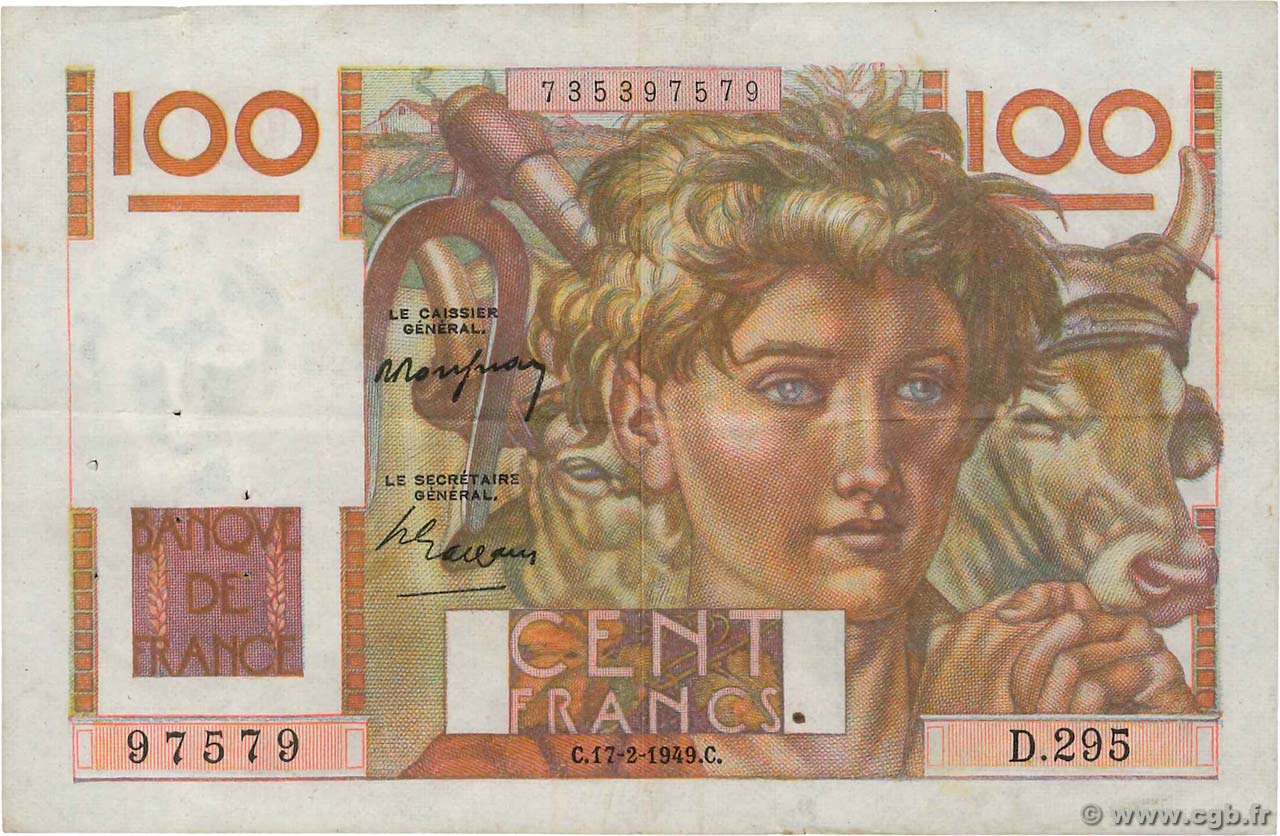 100 Francs JEUNE PAYSAN Numéro radar FRANCIA  1949 F.28.22 MBC