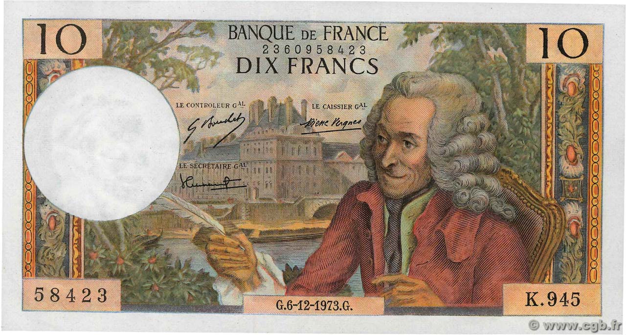 10 Francs VOLTAIRE FRANCE  1973 F.62.65 SUP+