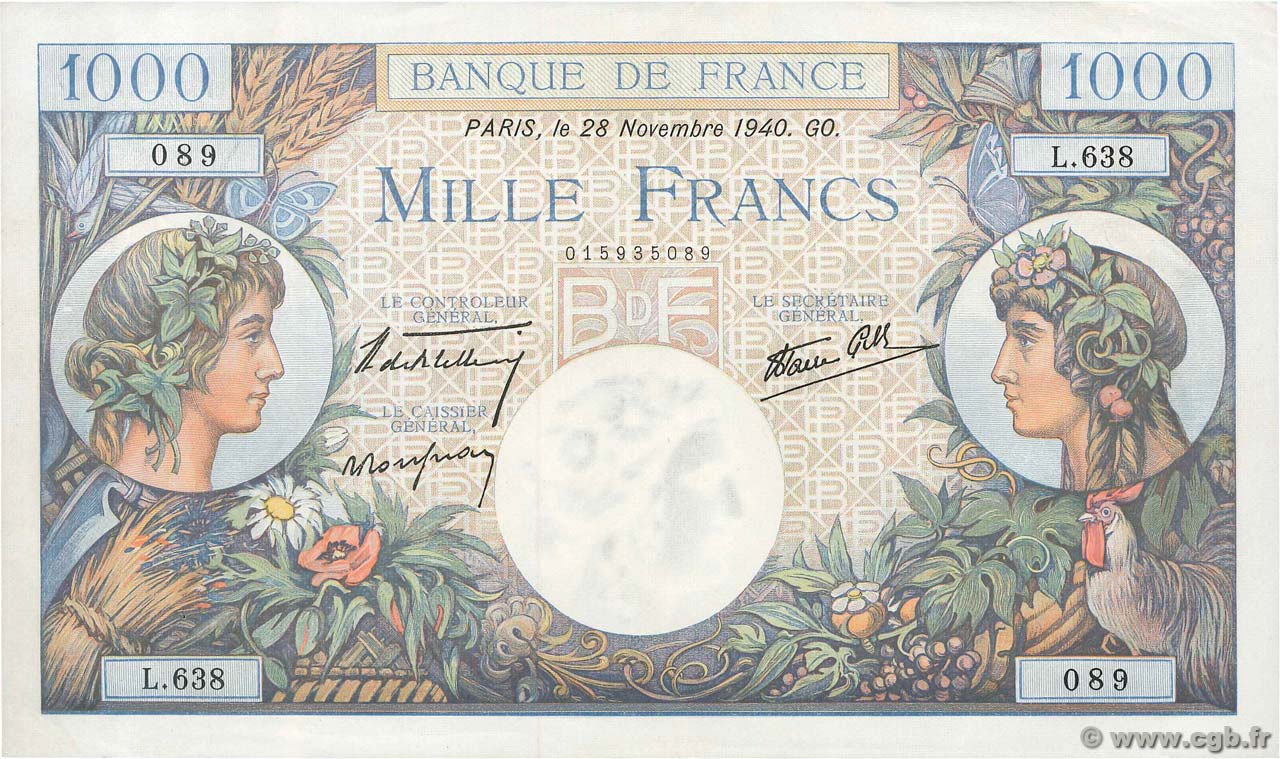 1000 Francs COMMERCE ET INDUSTRIE FRANKREICH  1940 F.39.02 fVZ