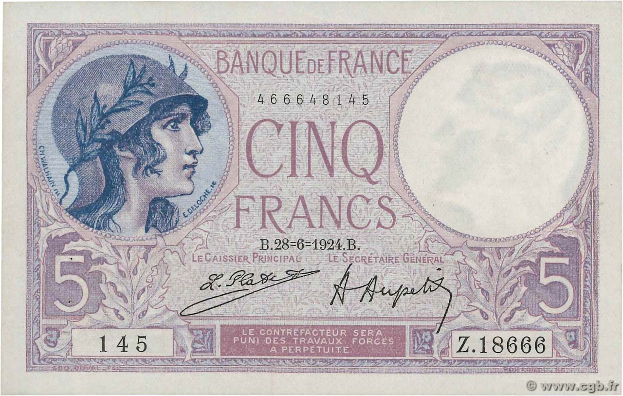 5 Francs FEMME CASQUÉE FRANKREICH  1924 F.03.08 VZ