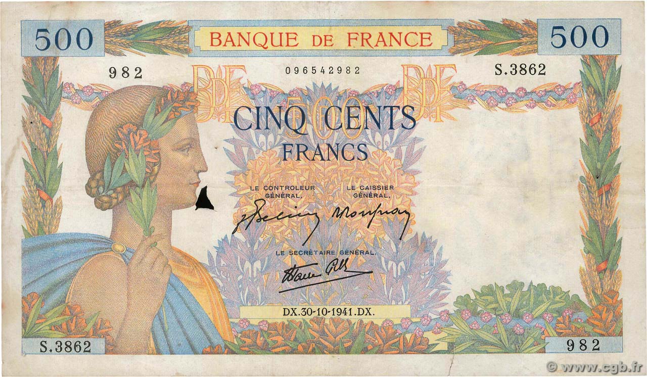 500 Francs LA PAIX FRANCIA  1941 F.32.23 q.BB