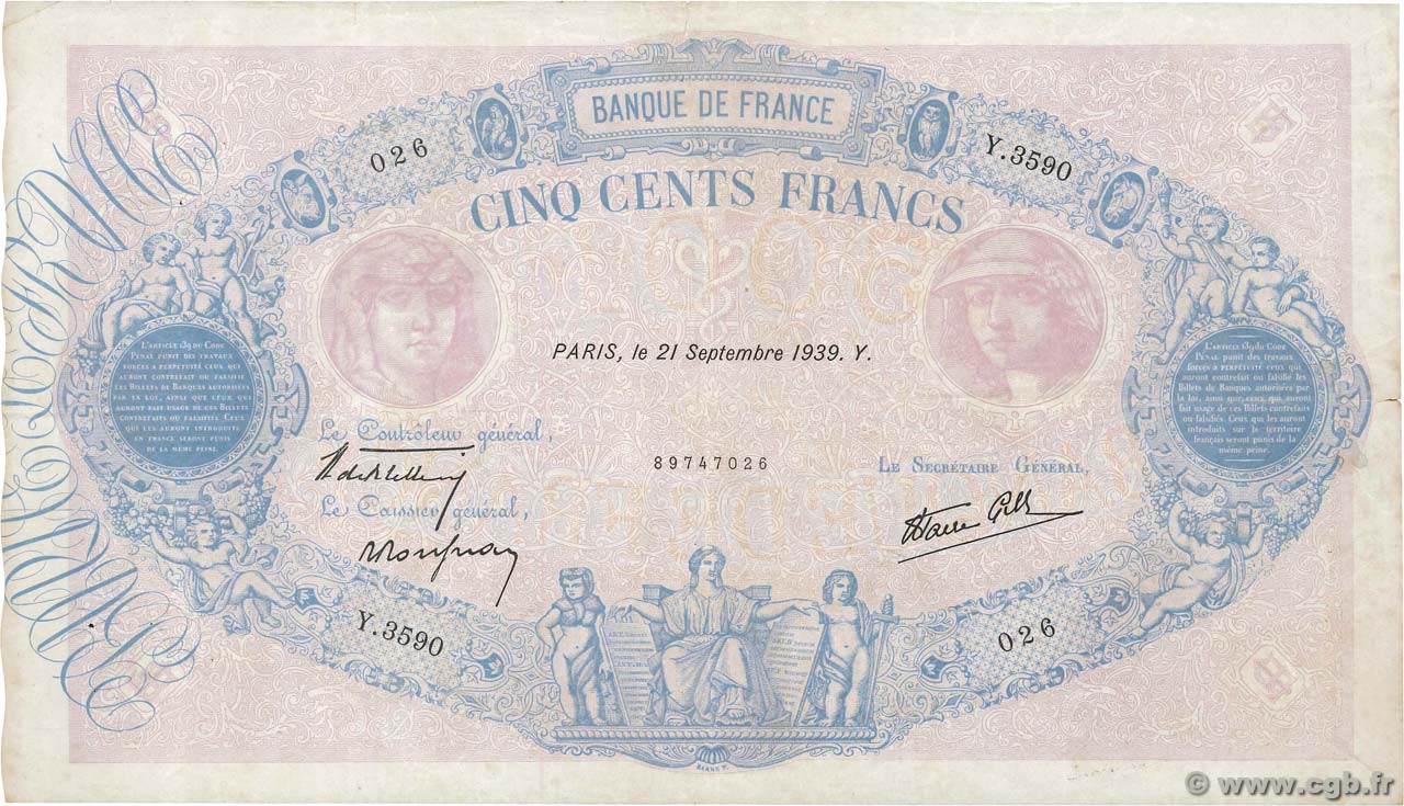 500 Francs BLEU ET ROSE modifié FRANCE  1939 F.31.40 pr.TTB