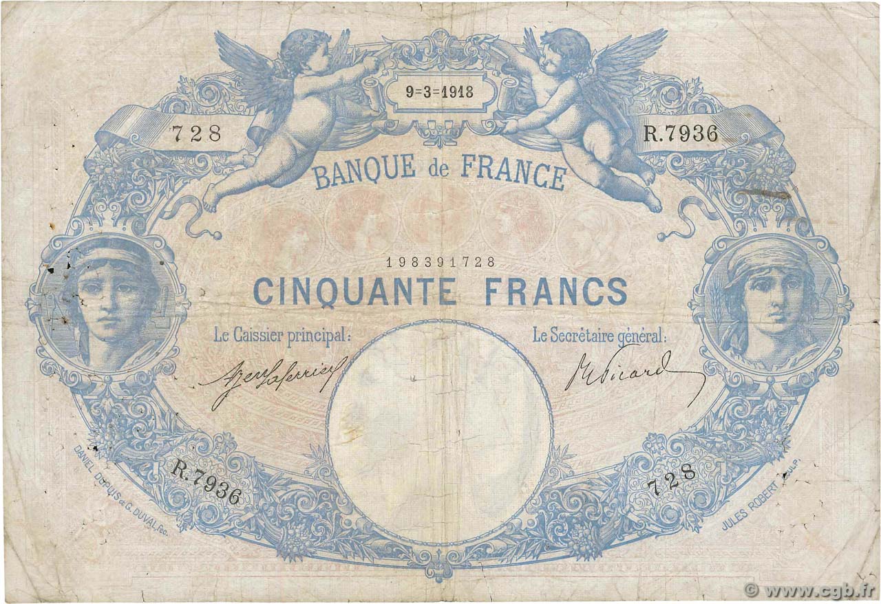 50 Francs BLEU ET ROSE FRANCIA  1918 F.14.31 B
