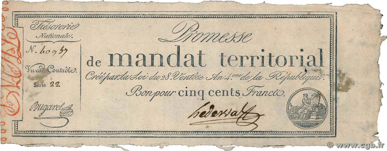 500 Francs avec série FRANKREICH  1796 Ass.62b fSS