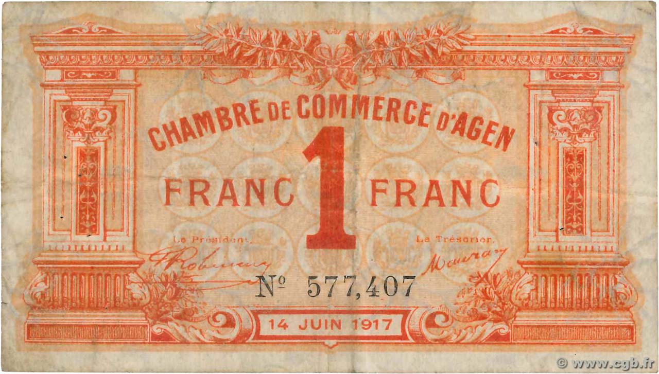 1 Franc FRANCE regionalism and various Agen 1917 JP.002.09 F