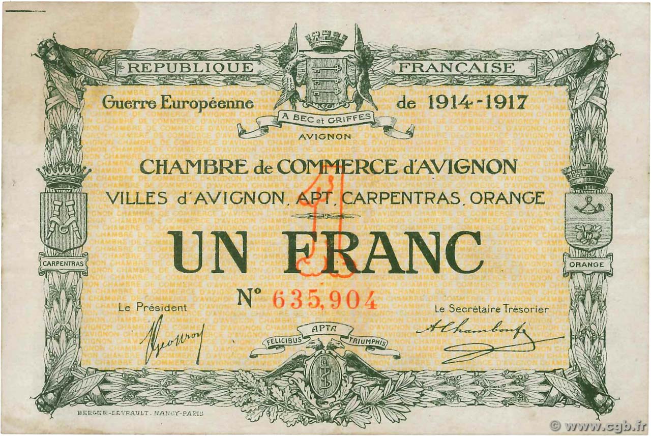 1 Franc FRANCE regionalism and miscellaneous Avignon 1915 JP.018.17 VF