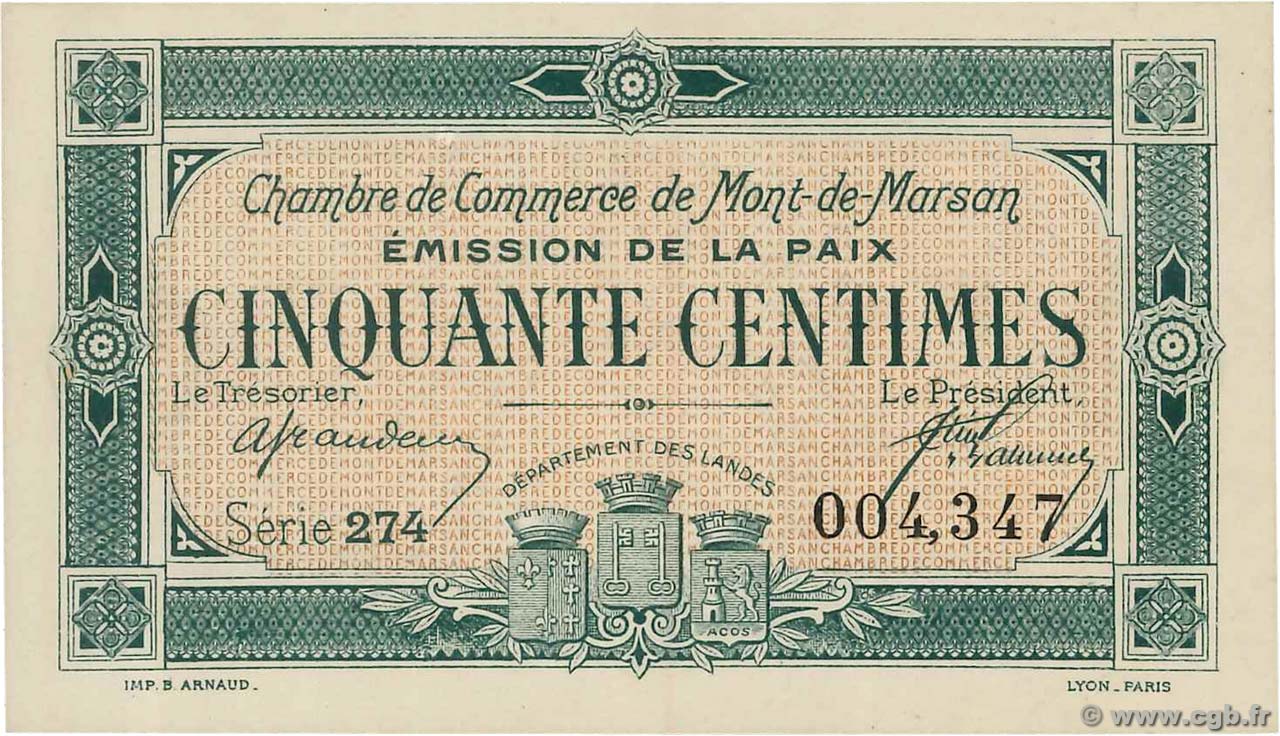 50 Centimes FRANCE regionalismo y varios Mont-De-Marsan 1918 JP.082.30 SC+