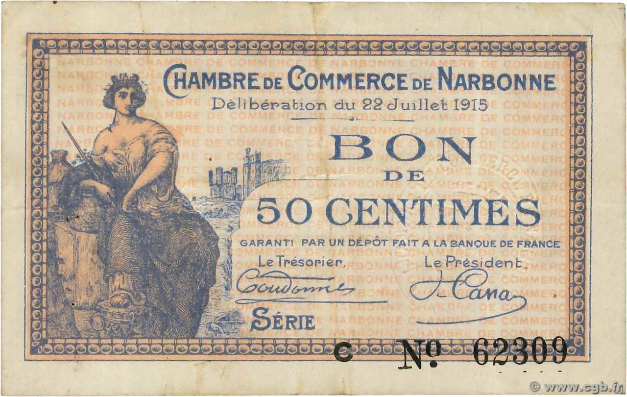 50 Centimes FRANCE regionalismo y varios Narbonne 1915 JP.089.01 MBC