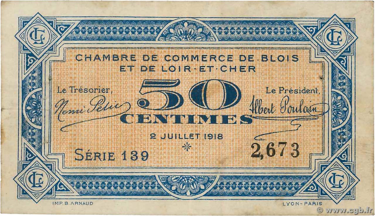 50 Centimes FRANCE regionalismo y varios Blois 1918 JP.028.09 BC+