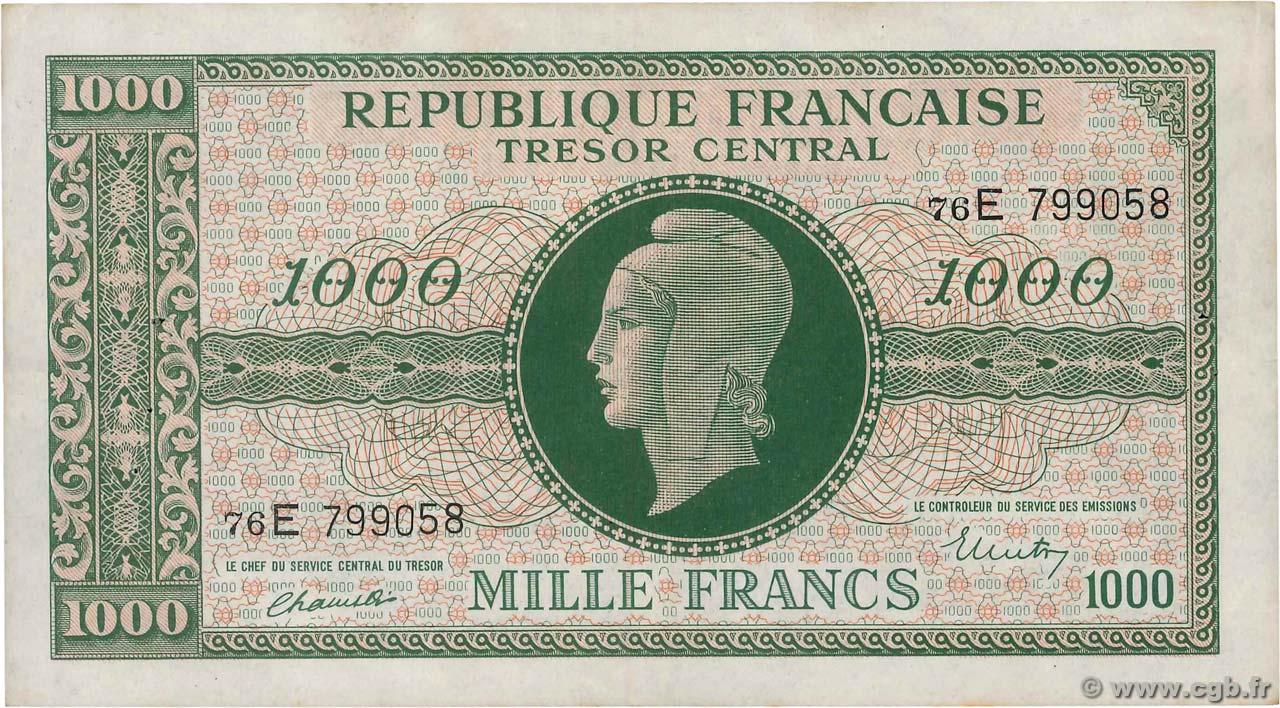 1000 Francs MARIANNE THOMAS DE LA RUE FRANCE  1945 VF.13.02 TTB+