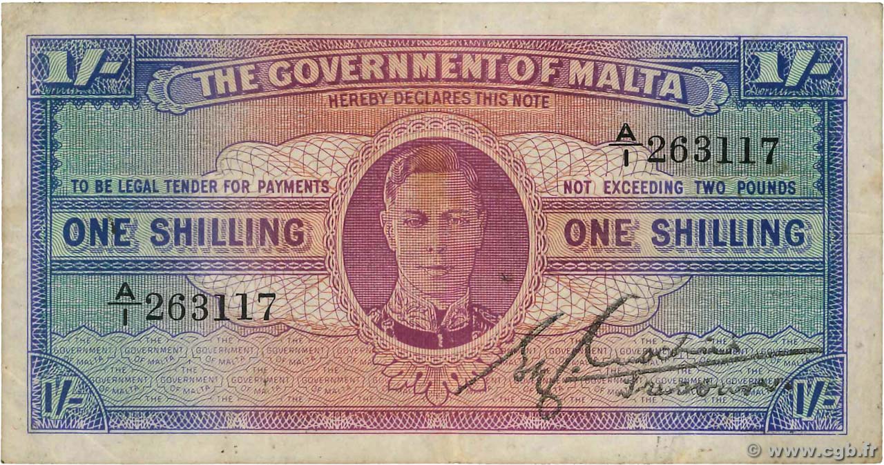 1 Shilling MALTE  1943 P.16 TB