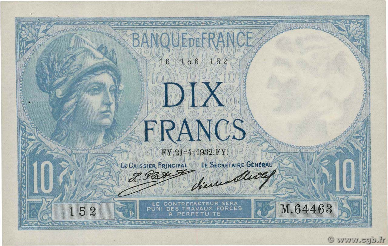10 Francs MINERVE FRANCE  1932 F.06.16 XF-