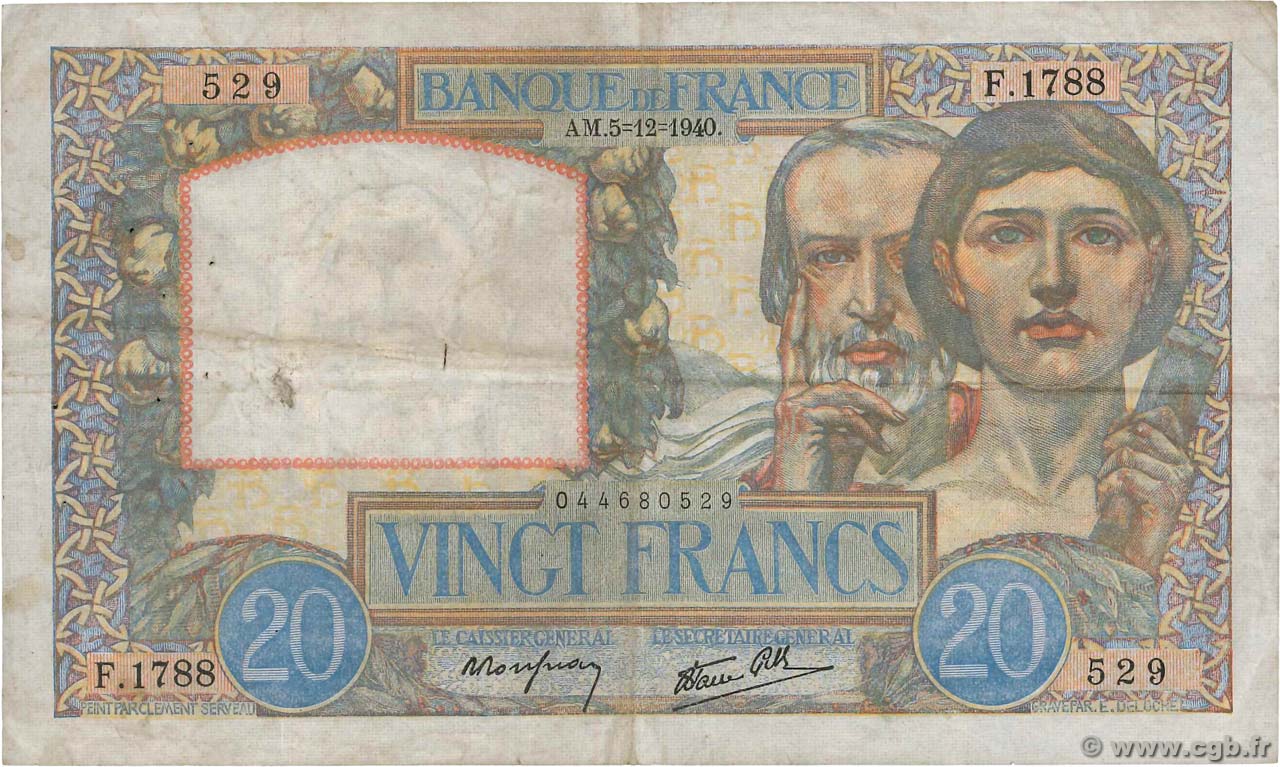 20 Francs TRAVAIL ET SCIENCE FRANCE  1940 F.12.10 F