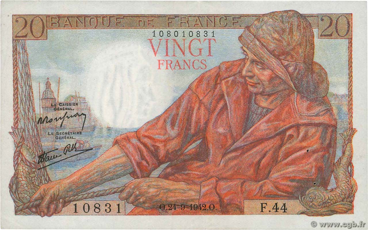20 Francs PÊCHEUR FRANCE  1942 F.13.03 TTB