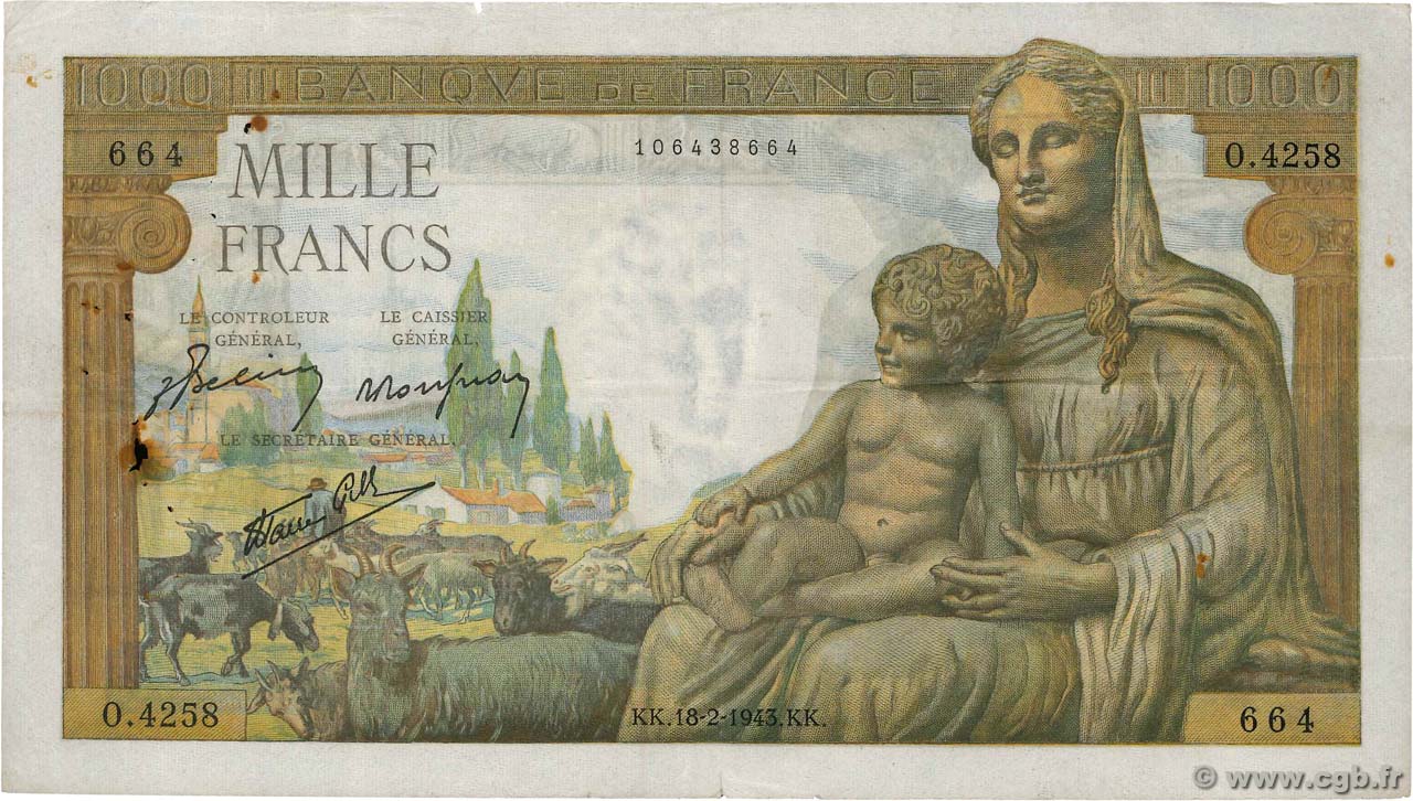 1000 Francs DÉESSE DÉMÉTER FRANKREICH  1943 F.40.19 S