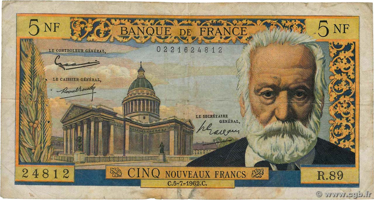 5 Nouveaux Francs VICTOR HUGO FRANCIA  1962 F.56.12 RC+