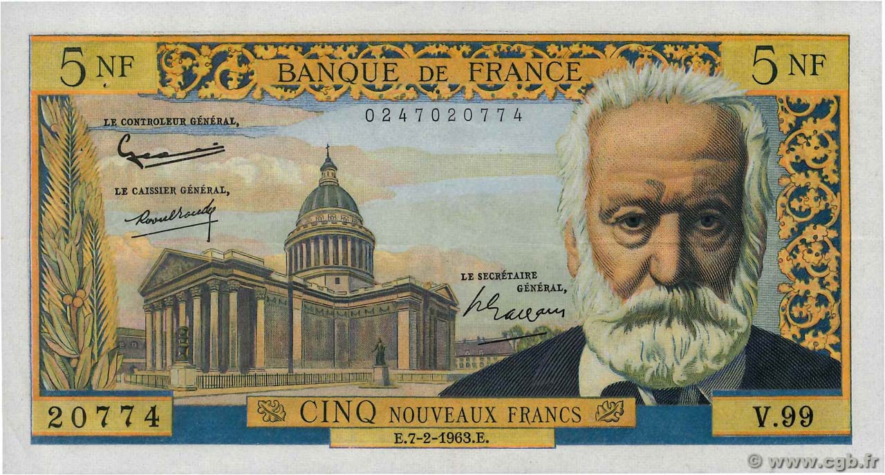 5 Nouveaux Francs VICTOR HUGO FRANKREICH  1963 F.56.13 fVZ