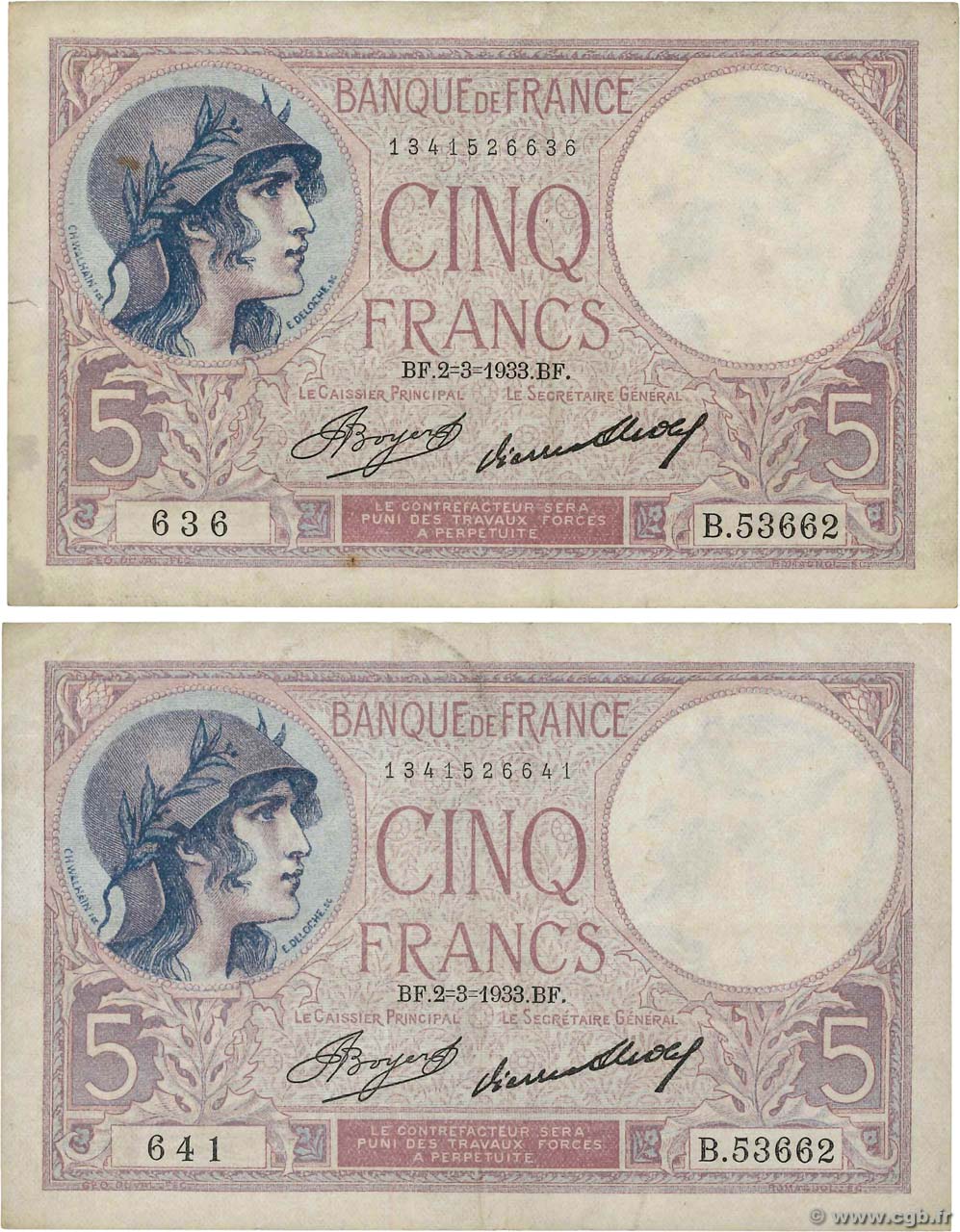 5 Francs FEMME CASQUÉE Lot FRANCE  1933 F.03.17 F