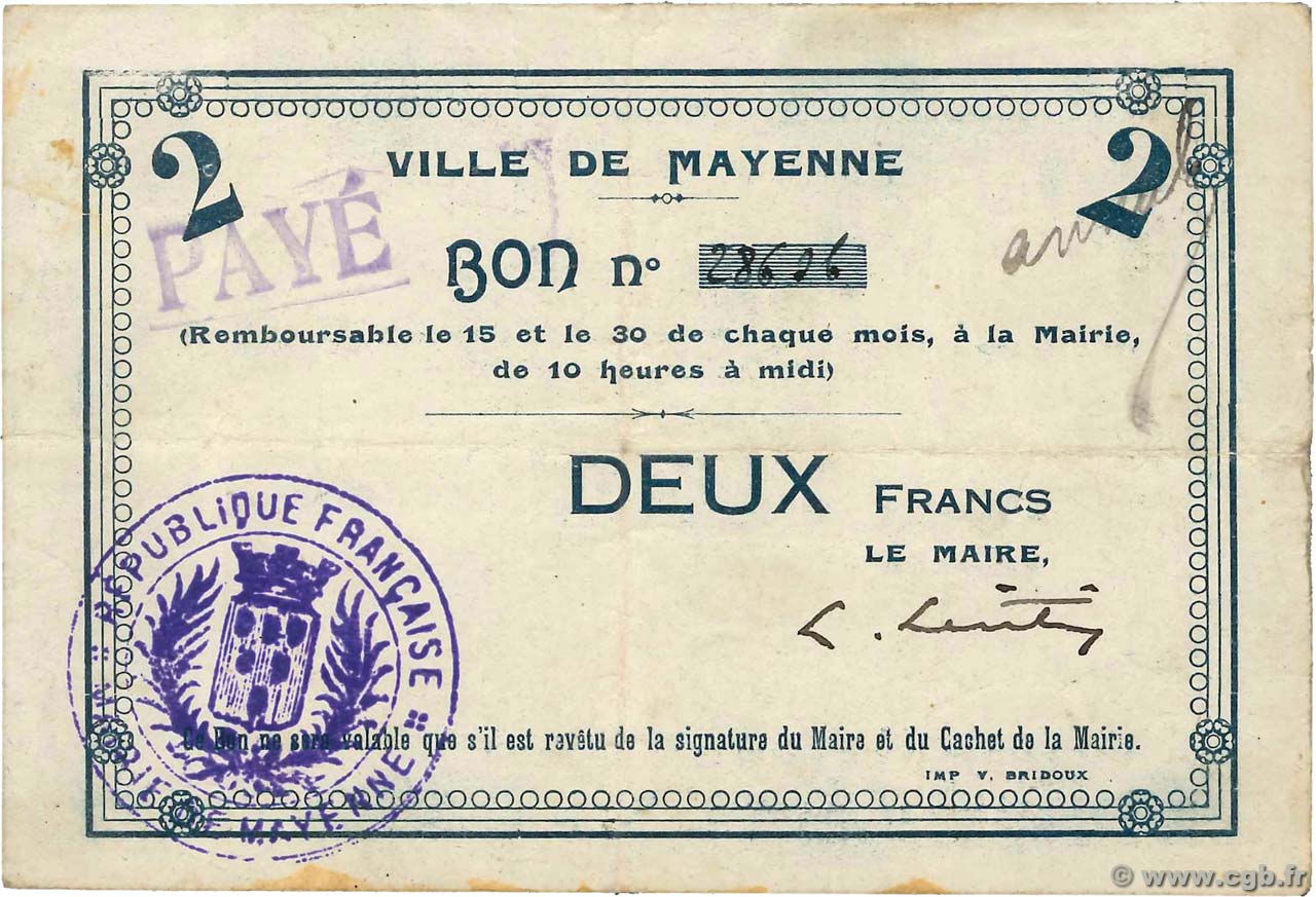 2 Francs FRANCE regionalism and miscellaneous Mayenne 1914 JP.53-09 VF-