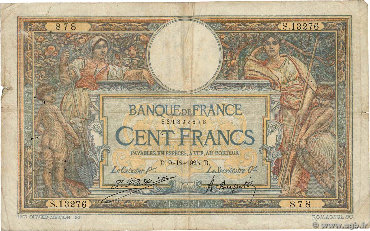 100 Francs LUC OLIVIER MERSON grands cartouches FRANCE  1925 F.24.03 VG