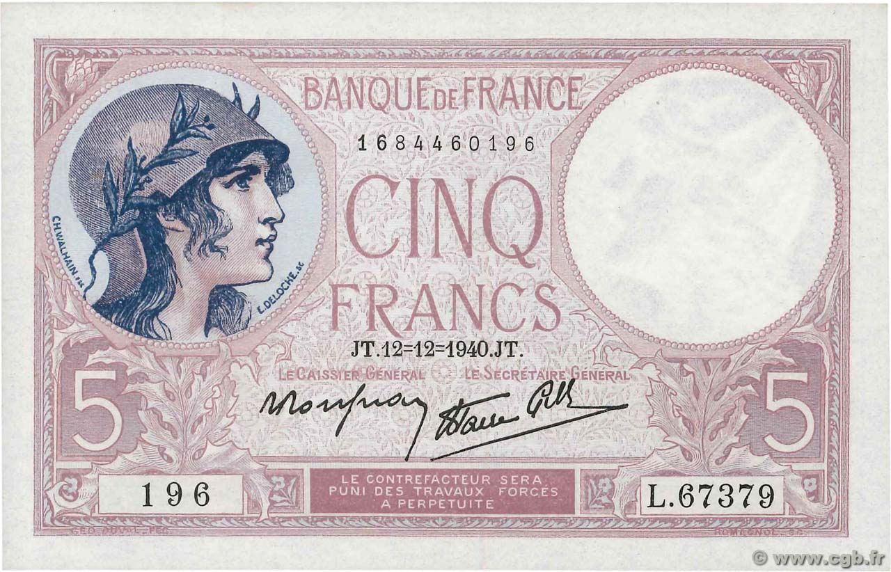 5 Francs FEMME CASQUÉE modifié FRANCE  1940 F.04.17 NEUF