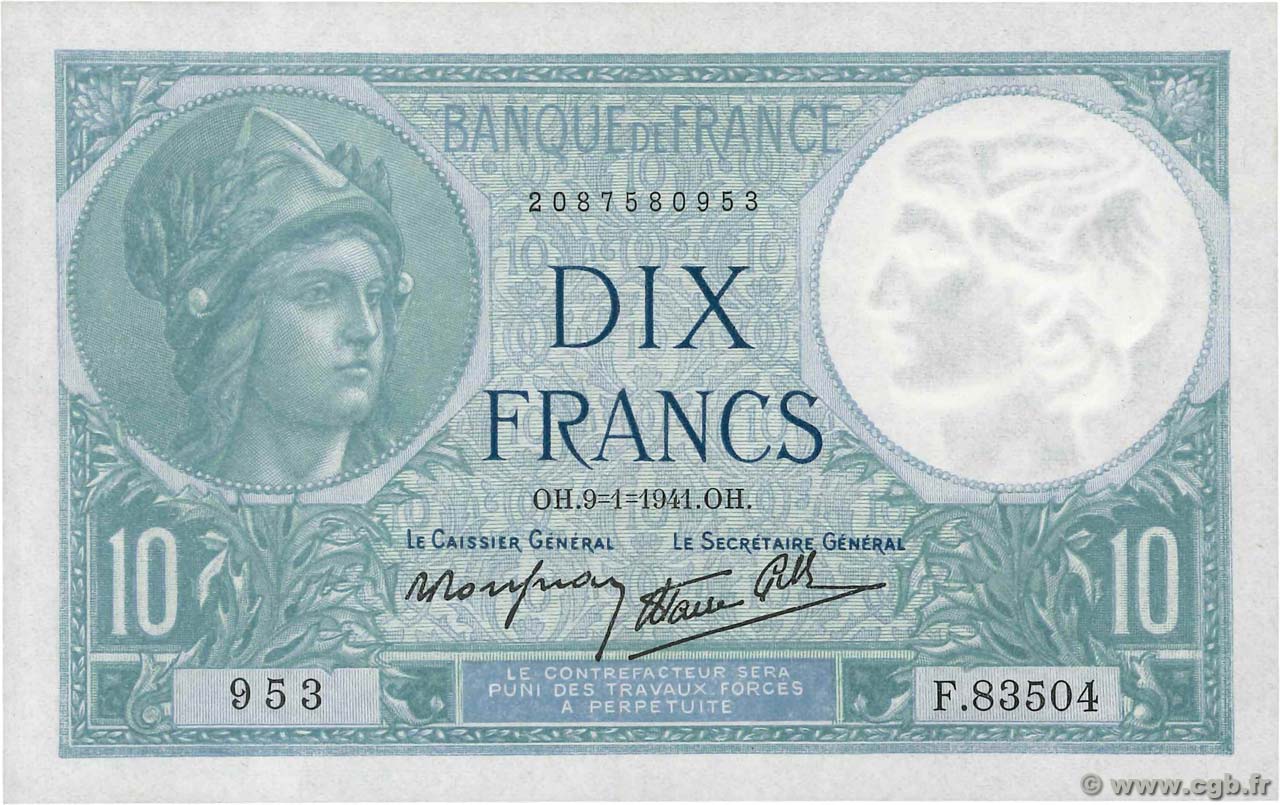 10 Francs MINERVE modifié FRANCE  1941 F.07.27 UNC