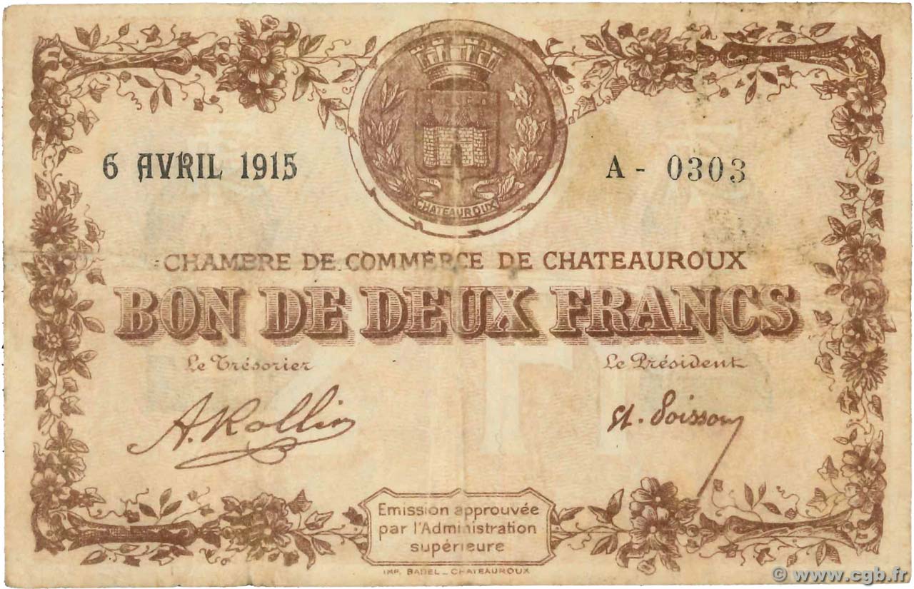 2 Francs FRANCE regionalismo e varie Chateauroux 1915 JP.046.04 B