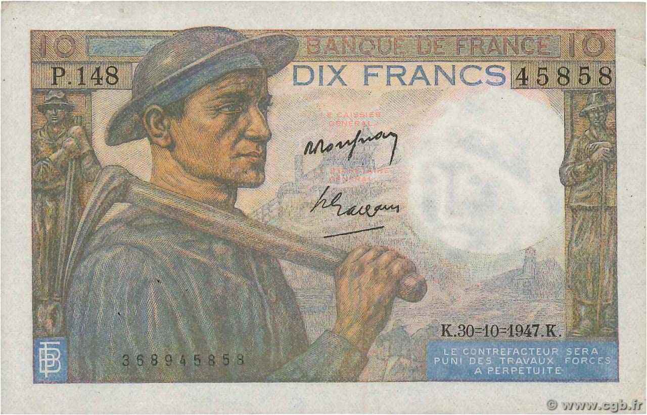 10 Francs MINEUR FRANKREICH  1947 F.08.18 fVZ